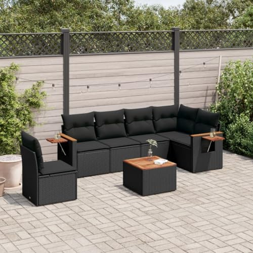 Ensemble de 7 canapés de jardin noirs, rotin PE robuste, plateau de table en bois d'acacia, résistant aux UV, groupe de sièges d'extérieur modulaire pour terrasse et balcon