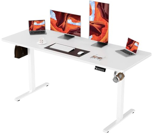 ERGOMAKER Höj- och Sänkbart Skrivbord 2 minnespositioner 160x60cm, Vit | Höjdjusterbart skrivbord 73-118cm, Maxlast 70kg, 2 Krokar, Smart panel med säkerhetslås, Hemmakontor & gaming