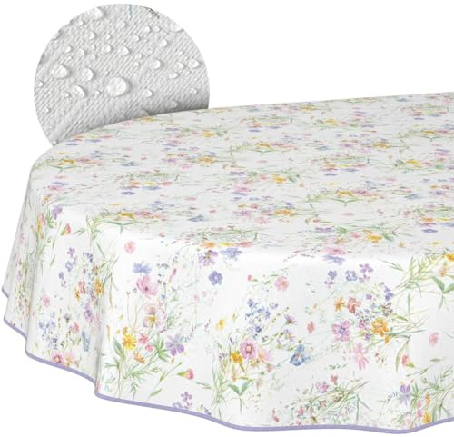 Mantel de Hule Lavable, fácil de cuidar, Repelente al Agua, Efecto Loto, para Exteriores, Hule Encerado, Primavera, para jardín, Mantel Ovalado con Flores, 200 x 140 cm, con Dobladillo (con Borde)