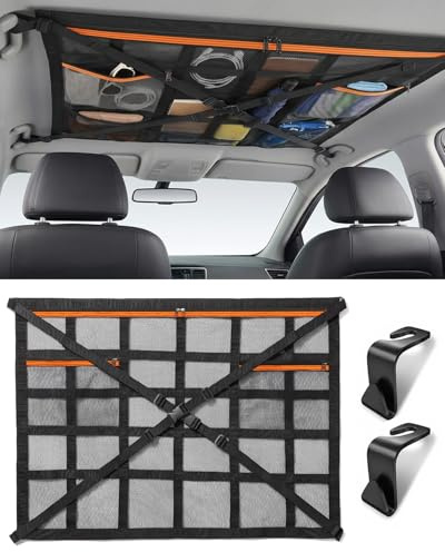 Erato Red de Equipaje para Coche 90 x 65 cm Correas Cruzadas Ajustables | y 3 Bolsillos con Cremallera, Red de Almacenamiento Interior para Techo, Bolsa de Malla Universal para Coche SUV Van