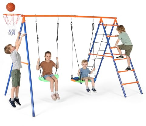 LEADZM Outdoor Schaukel für Kinder mit Klettergerüst, Basketballkorb, Schaukelgestell mit Bodenanker, 200 kg Tragfähigkeit, Doppelschaukel mit EIN-Brett-Schaukel und Nestschaukel, 277 x 180 x 175cm