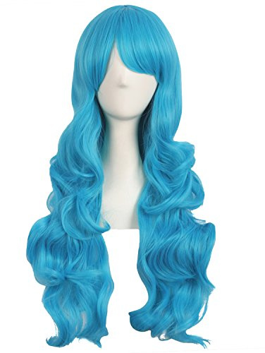 Mapofbeauty 28 Pulgadas/70cm Encantadoras Mujeres Lado Flequillo Largo Rizado Peluca Sintetica Pelo Lleno(Cereste Azul)