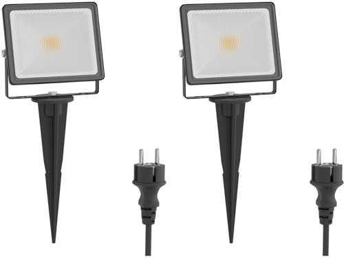 ledscom.de 2 Stück LED Gartenstrahler FLIN mit Erdspieß & Stecker für außen, Scheinwerfer, schwarz, IP66 wasserfest, 10,93W 837lm warm-weiß