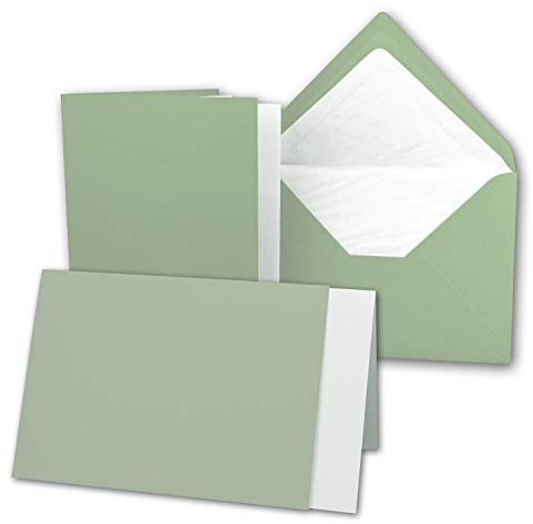 50x Karten-Set DIN B6-12 x 17 cm - 120 x 170 mm - Falt-Karten mit Brief-Umschlägen & Einlege-Blättern - Gerippte Struktur Oberfläche - Olive-Grün - Vintage Einladungskarten
