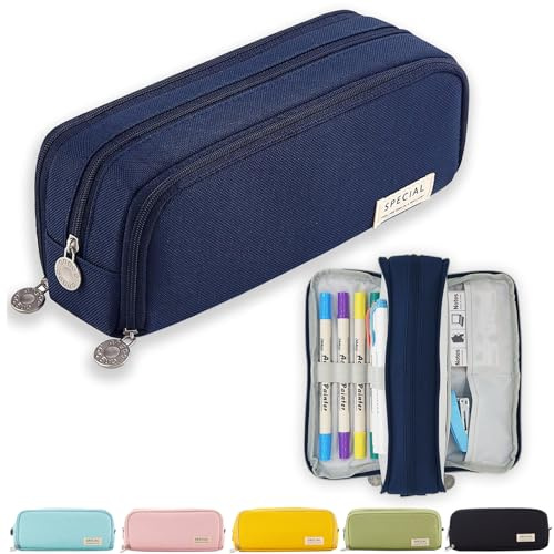 X SIM FITNESSX Trousse à Crayons pour Adolescents et Filles - 3 Compartiments - Grande capacité - pour l'école et Le Bureau (Bleu Foncé)