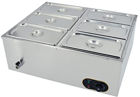Commercial Food Warmer,Stainless Steel Bain Marie Buffet Warmer 1500W,Temperature Range 30-85 °C,GN 1/3 x6 Pans with Lids,Drain Tap
