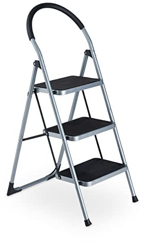 Relaxdays Trittleiter, klappbare Haushaltsleiter, 3 Stufen, bis 150 kg, Stufenleiter mit Haltegriff, Stahl, grau/schwarz
