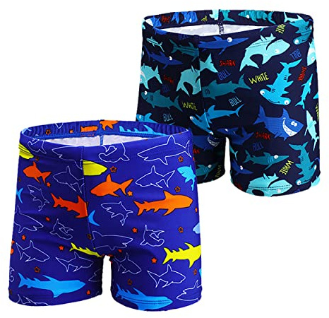 NautySaurs Confezione da 2 pantaloncini da bagno per bambini da 1 a 11 anni, costume da bagno con dinosauro e squalo, Shark-royal blu+blu navy, 8-10 Anni