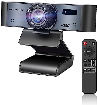 ROCWARE RC16 webbkamera 4K, webbkamera med mikrofon [AI-spårning och automatisk inramning] Ultra 4K HD USB 3.0 webbkamera för dator bärbar dator, streaming, konferenser, 110°vidvy, integritetsfodral,