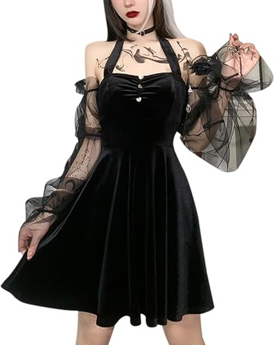 Vestido gótico de mujer con cuello halter, sin hombros, transparente, de manga larga y abullonada, sin espalda, de terciopelo vintage para Halloween, XXL