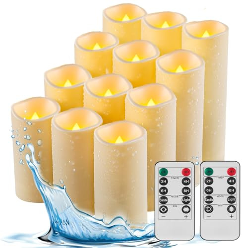 Fanzir Candele LED impermeabili timer telecomando, candela elettrica tremolante alimentata a batteria da esterno, D5,5 cm x H10 cm 13 cm 15 cm 17 cm Plastica 12 pezzi