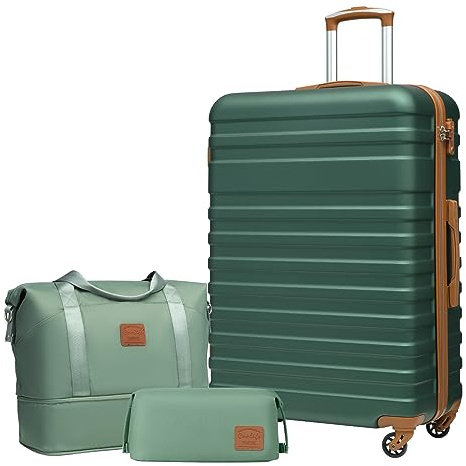 COOLIFE Juego de 3 Maletas Set Trolley Maleta Cabina Neceser Maletas de Viaje ABS con Candado TSA y 4 Ruedas de 360º 1 Bolsa de Viaje expandible y 1 Necese (Albaricoque/Verde Oscuro, 3 Piezas(77cm))