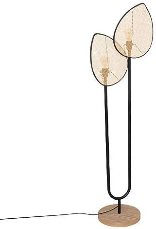 Atmosphera - Lampadaire Double Olme - H 143 cm, Abat-Jours en Cannage - Métal Noir et Bois, Design Scandinave - Pour Salon, Chambre
