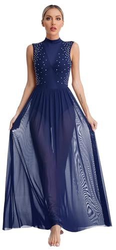 Alvivi Abito da Danza Lirica Donna Maxi Vestito Lungo da Danza Moderna Senza Manica Abito da Ballo Latino Collo Mock Pattinaggio Performance Dancewear