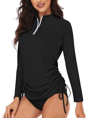 Desol Rashguard - Maglietta da surf da donna, a maniche lunghe, con zip a 1/4, UPF 50+, da surf, da donna, ad asciugatura rapida e regolabile lateralmente, per costume da bagno e surf, Nero , XXL