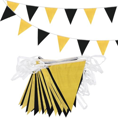 ADQUATOR Lot de 52 fanions triangulaires réutilisables en tissu polyester pour intérieur ou extérieur - 20 m - Noir et doré - 16 x 22 cm