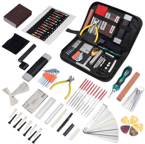 LEKATO Gitarre Reparatur Set, 72Stk Gitarren Pflege Wartung Zubehör mit Brückenstifte Gitarrensattel Saitenkurbel String-Action-Lineal Schraubendreher, Guitar Tool Kit für Guitare Ukulele Bass