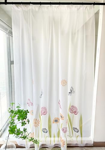Devola Cortinas correderas transparentes con estampado de flores, cortina de cocina, estilo rústico, cortina para ventana, salón, cortina confeccionada de gasa, para ventana de cocina, 225 x 150 cm,