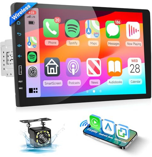 Podofo Single Din Car Stereo with Wireless Carplay Android Auto, 9 inch HD IPS Touch Screen Car Radio with Bluetooth FM Radio Mirror Link/USB/TF/AUX Input Car Multimedia Player + Reversing Camera