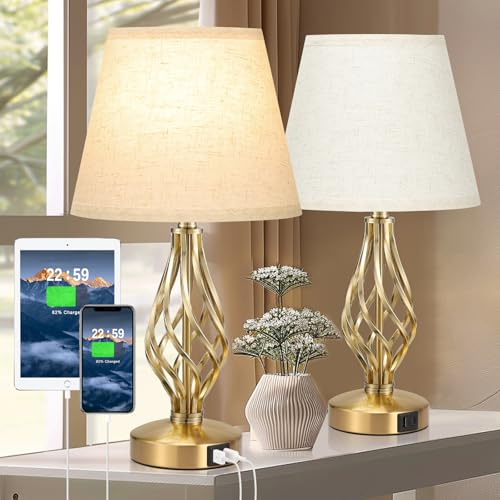 Aooshine Table Lamps for Living Room, Gold Bedside Lamps Set of 2 with USB A+C Charging Port, Table Lamps for Bedroom with 3 Way Dimmable, Touch Lamps with Beige Shade (LED Bulb Included)