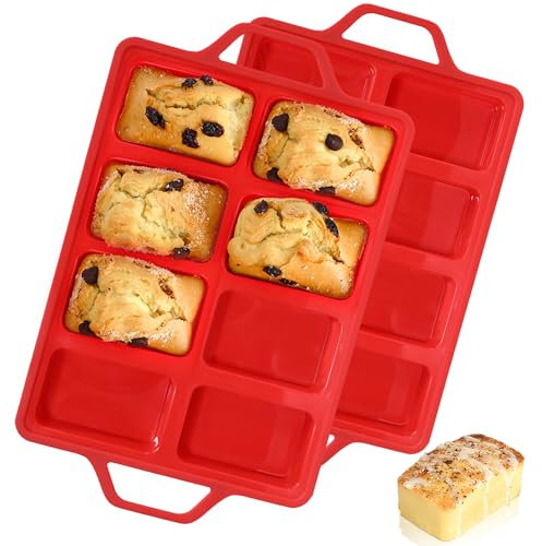 Mini Loaf Pans, Metal Reinforced Frame Silicone Mini Bread Loaf Pans 8 Cavities Nonstick for Baking Cornbread, Bread, Small Loaf, Brownie, Cheesecake, Chocolate 2 Pack Red