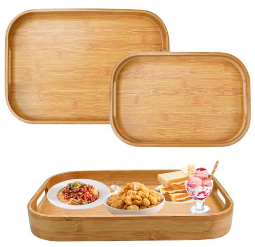 EUIEUT 2 Pcs Plateau Bois Rectangulaire, Plateaux Petit-Déjeuner avec Poignées, Plateau Service avec Rebord Surélevé, Plateaux Traiteur Bambou 2 Tailles, pour Cuisine Restaurant Boisson Snack
