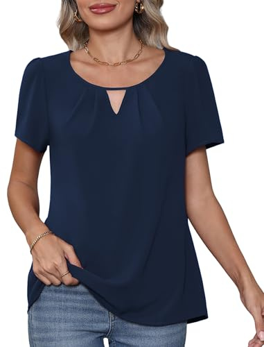 YGJIEGENG Summer Womens Chiffon Blouses, Short Sleeve Pleated Round Neck Casual Elegant Ladies Chiffon Tops Loose Flowy Shirts Blouse Work Shirts Navy Blue X-Large