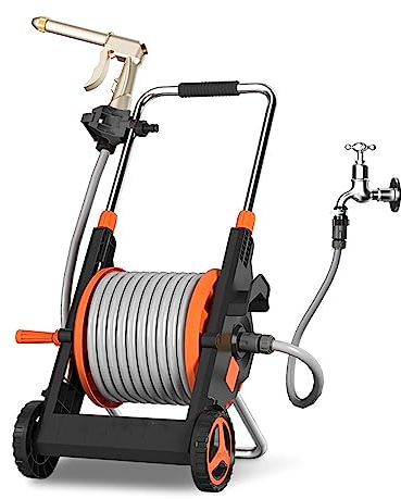 FYorbitH Garden Hose Holder Foldable Garden Hose Reel Cart, Mobile Garden Trolley with Wheels, with Hose Sprayer Nozzle and 50M/164Ft 1/2'' Hose, Fully Assembled Hose Reel Cart