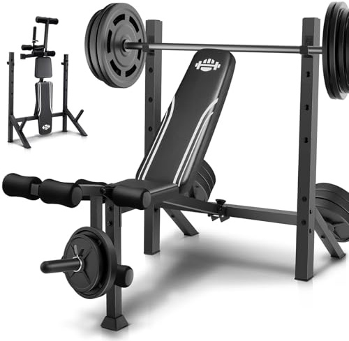 ANCHEER 900LBS Weight Bench Set with Squat Rack, Adjustable Bench Press Set with Leg Extension and Leg Curl, Flat Incline Decline Workout Bench for Home Gym Full Body Strength Training