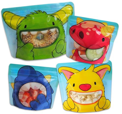 Nom Nom Kids Collezione Monster - 4 sacchetti riutilizzabili in 3 misure. 2 piccoli, 1 medio, 1 grande per snack per neonati, bambini o bambini.
