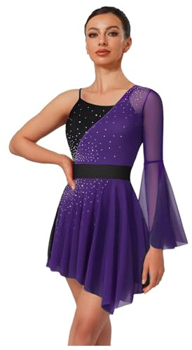 YEAHDOR Vestido de Patinaje Artístico para Mujer Maillot Brillante de un Manga Larga Leotardo Ballet Vestido de Baile Contemporáneo y Lírico S-XXL Púrpura M