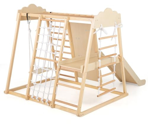 RELAX4LIFE 8 in 1 Set da Arrampicata per Bambini, Parco Giochi in Legno con Scivolo, Altalena, Sbarre e Scala in Corda, Giochi Montessori Educativi per Bambini 3+ Anni (Naturale)
