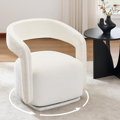 DEKKETO 360° Drehbarer Polstersessel, Chenille Lounge Sessel mit Großer Sitzfläche und Geschwungener Rückenlehne, Moderner Drehsessel für Wohnzimmer, Schlafzimmer, Weiß