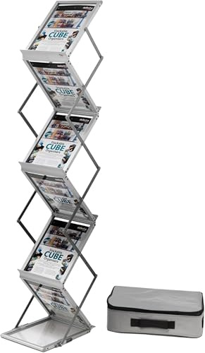 Foldable A4 Literature Display Stand - 6-Tier Portable Floor Brochure Holder & Magazine Document Rack - Lightweight Aluminum Frame with Clear Shelves - Includes Carry Bag for Trade Shows & Exhibitions