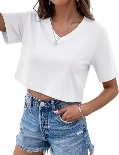 Jahetuul Camiseta Mujer Cuello V Manga Corta con Hombro Caído | Esta camiseta mujer de cuello V combina hombro caído y corte suelto para un estilo casual cómodo en trabajo y tiempo libre