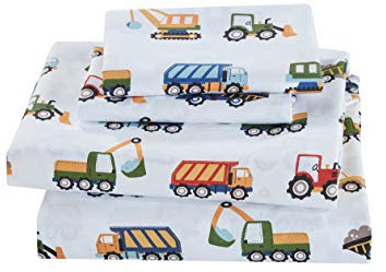 Fancy Linen Crib Sheet Set Flat Fitted and Pillow Case Set for Boys/Girls Multi Color Under Construction Zone Excavators Dumping Trucks Tractors Light Blue Red Yellow Dark Blue New