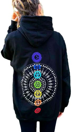 Gravity Shift Yoga Pullover in schwarz mit Mandala und Chakren, sowie Blauer Lotus Blüte. gemütlicher Hoodie perfekt für Meditation und als Geschenk