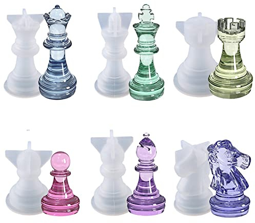 Fiorky Moldes de resina epoxi de ajedrez internacional de cristal 3D, molde de silicona hecho a mano, tablero de ajedrez, piezas de ajedrez, joyería de decoración del hogar herramientas de fundición
