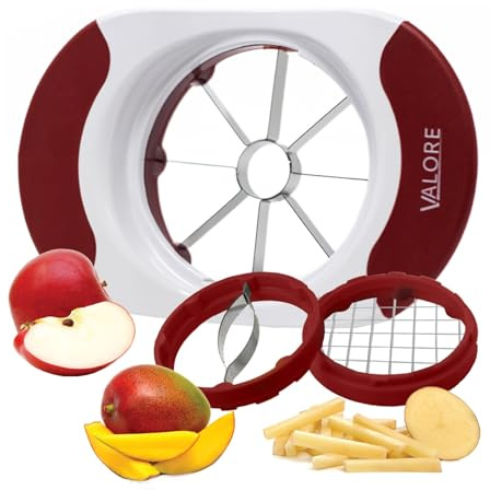 Valore Soft Grip Food Slicer with 3 Blades - Apple Slicer, French Fry Cutter, Mango Slicer - Great Meal Prep Kitchen Accessory - Easy to Use 3 in 1 French Fry, Mango and Apple Cutter with Three Blades
