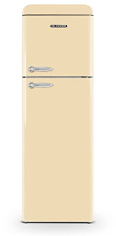 SCHNEIDER SCDD309VCR, Réfrigérateur 2 portes Vintage, 302L (227+75), Froid brassé, 3 clayettes verre, Pose libre, Thermostat réglable, Crème