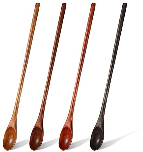 Dansib Holzlöffel mit langem Griff, 33 cm lang, zum Kochen, Teelöffel, Holzutensilien, Vintage-Rührer für Küche, Suppe, Kaffee, Cocktail, Honig, Rühren, 4 Farben, 4 Stück