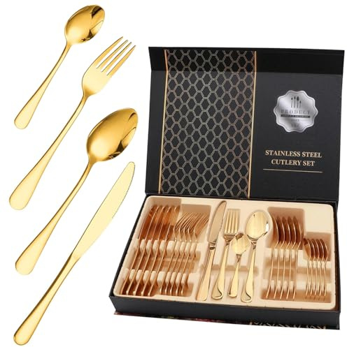 Juego de Cubiertos de 24 Piezas, Juego de Regalo de Cubiertos de Acero Inoxidable, Juego de Cuchara, Tenedor y Cuchillo para Carne para el Hogar, Cocina, Restaurante, Boda(Oro)