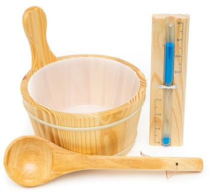 Intirilife 3-teiliges Sauna Set aus Holz - Saunakübel mit 4 Liter Fassungsvermögen Aufgusskelle und Sanduhr - Sauna Zubehör Eimer Schöpfkelle Uhr