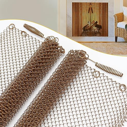Powrocket öppen spis nät skärmgardin, robust gnistskyddsnät skärmar med drag för hem träeldstäder, två paneler (61 cm B x 45 cm H)