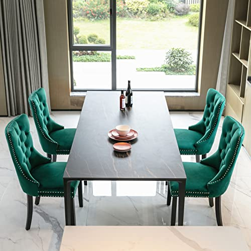 HomeTouch Luxury Velvet Kitchen Dining Chairs Set of 4 Knocker Wing Back Upholstered Office Chairs with Oak Wood Legs for Dining Room Bedroom, Hand Made (4, Green)