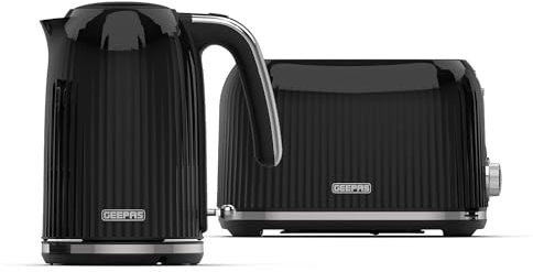 GEEPAS 1.7L Kettle & 2 Slice Toaster Kitchen Combo Set | 3000W Rapid Boil Cordless Kettle Auto Shut-Off | 1750W Toastie Machine 6 Browning Level Removable Crumb Tray Cord Storage | 2 Yr Warranty Black
