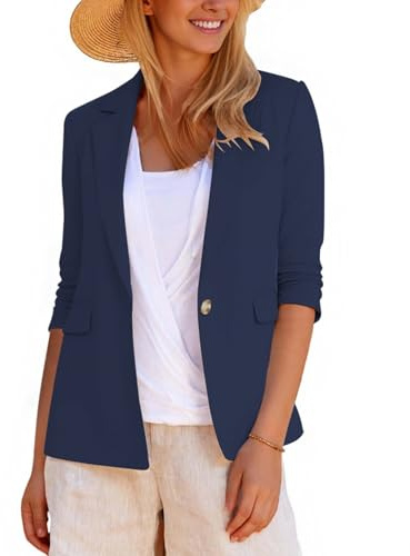 LADI TREND Long Sleeve Summer Cotton Linen Blazers Notched Lapel Jackets Half Lined Flap Pockets One Button Womens UK Suits & Blazers Outerwear Lightweight Breathable Blazers