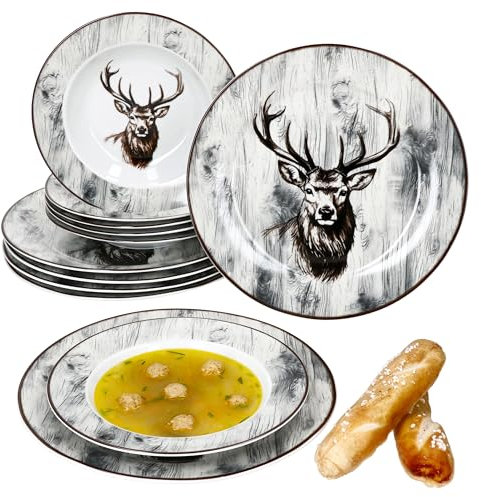 MamboCat Alois 12tlg Tafelservice I Porzellan-Geschirr mit Hirsch-Dekor für 6 Personen I 6X Suppenteller & 6X Speiseteller für Frühstück, Mittag & Abendbrot