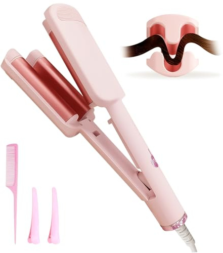 Deep Beach Waver & Curling Iron, Ionic Waver Hair Curler Tool, Ceramic 3 Barrel Curler Wand for Short Hair Women (Pink)