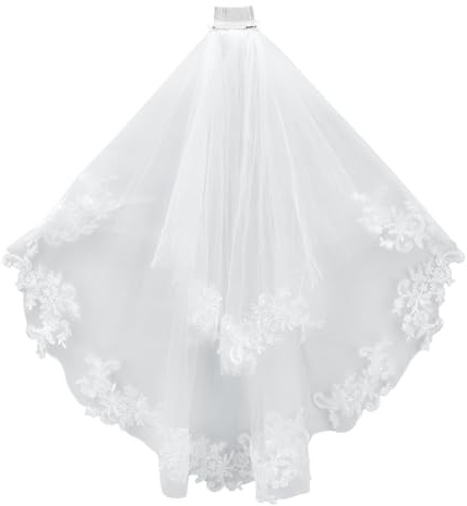 MAYJOYDIY Voile de Mariée Blanc 2 niveau avec Bordure en Dentelle Florale et Peigne en Métal Voile de Mariée en Tulle Souple Longueur du Bout des Doigts pour Mariées Décorations de Fête de Célibataire